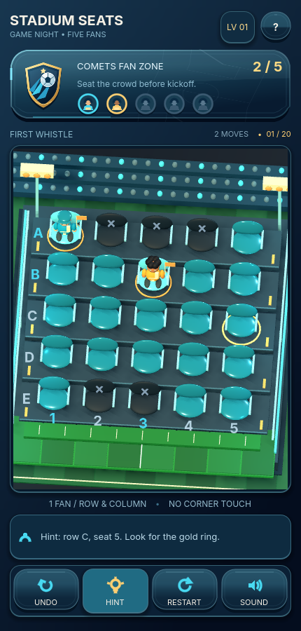 Level 1 of Stadium Seats, with two fans seated in a turquoise stadium grid and a hint pointing to row C, seat 5.